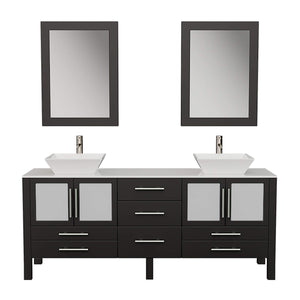 Cambridge Plumbing 8119XLF 72" Double Bathroom Vanity in Espresso with White Porcelain Top and Vessel Sinks, Matching Mirrors, Front View with Brushed Nickel Faucets
