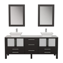 Load image into Gallery viewer, Cambridge Plumbing 8119XLF 72&quot; Double Bathroom Vanity in Espresso with White Porcelain Top and Vessel Sinks, Matching Mirrors, Front View with Chrome Faucets