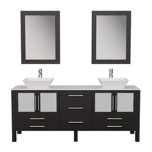 Cambridge Plumbing 8119XLF 72" Double Bathroom Vanity in Espresso with White Porcelain Top and Vessel Sinks, Matching Mirrors, Front View with Chrome Faucets
