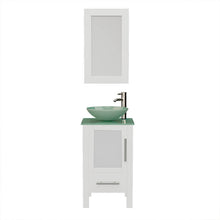 Load image into Gallery viewer, Cambridge Plumbing 8137BW 18&quot; Single Bathroom Vanity in White with Tempered Glass Top and Vessel Sink, Matching Mirror, Front View with Brushed Nickel Faucet