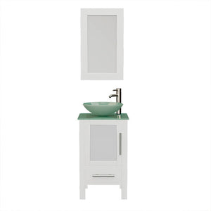 Cambridge Plumbing 8137BW 18" Single Bathroom Vanity in White with Tempered Glass Top and Vessel Sink, Matching Mirror, Front View with Brushed Nickel Faucet
