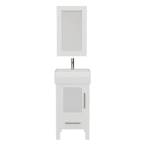 Cambridge Plumbing 8137W 18" Single Bathroom Vanity in White with White Porcelain Top and Vessel Sink, Matching Mirror, Front View with Brushed Nickel Faucet