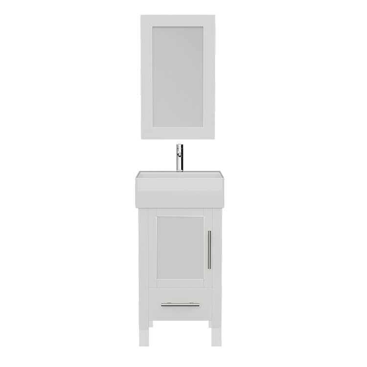 Cambridge Plumbing 8137W 18" Single Bathroom Vanity in White with White Porcelain Top and Vessel Sink, Matching Mirror, Front View with Chrome Faucet