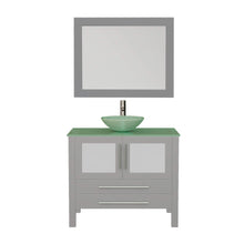 Load image into Gallery viewer, Cambridge Plumbing 8111B-G 36&quot; Single Bathroom Vanity in Gray with Tempered Glass Top and Vessel Sink, Matching Mirror, Front View with Brushed Nickel Faucet
