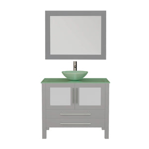Cambridge Plumbing 8111B-G 36" Single Bathroom Vanity in Gray with Tempered Glass Top and Vessel Sink, Matching Mirror, Front View with Brushed Nickel Faucet