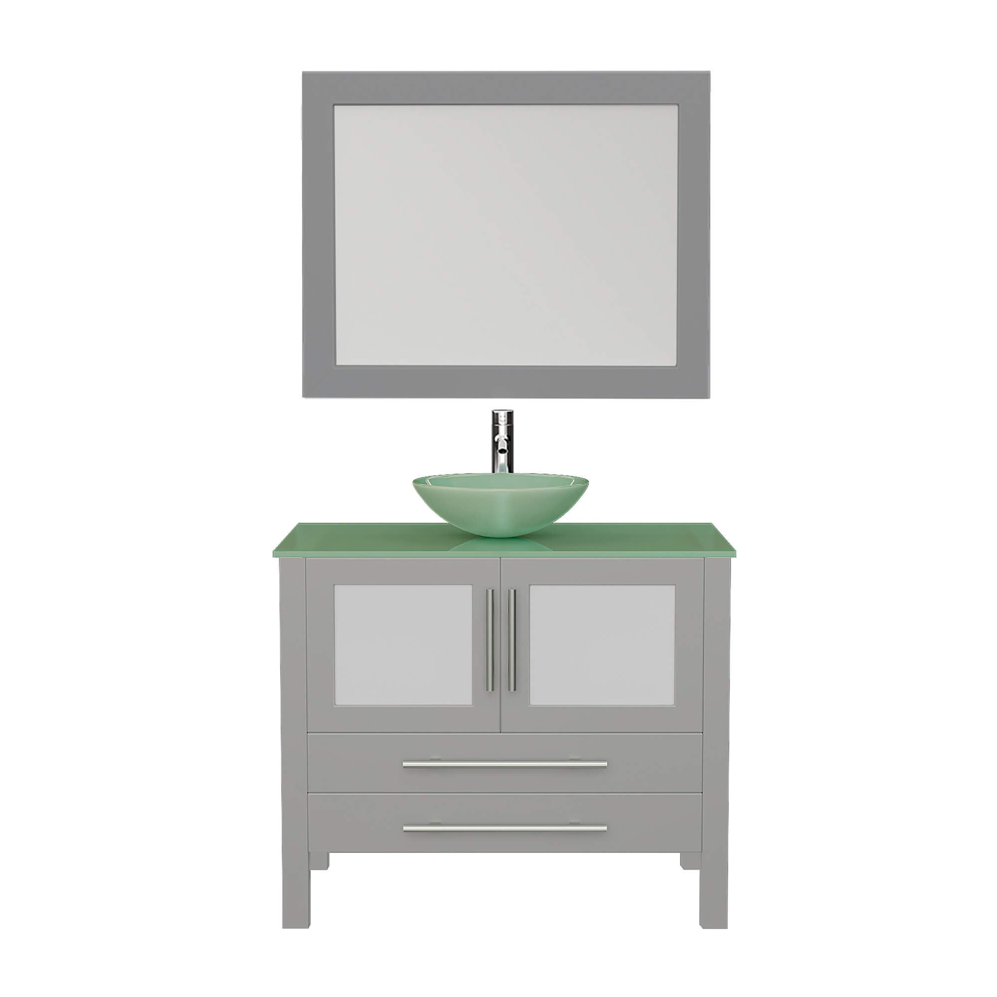 Cambridge Plumbing 8111B-G 36" Single Bathroom Vanity in Gray with Tempered Glass Top and Vessel Sink, Matching Mirror, Front View with Chrome Faucet