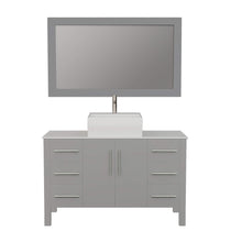 Load image into Gallery viewer, Cambridge Plumbing 8116G 48&quot; Single Bathroom Vanity in Gray with White Porcelain Top and Vessel Sink, Matching Mirror, Front View with Brushed Nickel Faucet