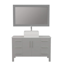 Load image into Gallery viewer, Cambridge Plumbing 8116G 48&quot; Single Bathroom Vanity in Gray with White Porcelain Top and Vessel Sink, Matching Mirror, Front View with Chrome Faucet