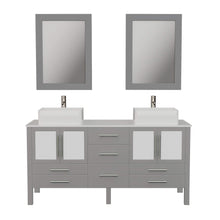 Load image into Gallery viewer, Cambridge Plumbing 8119G 63&quot; Double Bathroom Vanity in Gray with White Porcelain Top and Vessel Sinks, Matching Mirrors, Front View with Brushed Nickel Faucets