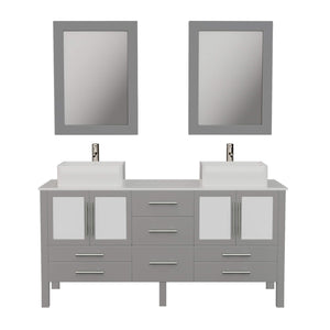 Cambridge Plumbing 8119G 63" Double Bathroom Vanity in Gray with White Porcelain Top and Vessel Sinks, Matching Mirrors, Front View with Brushed Nickel Faucets