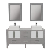 Load image into Gallery viewer, Cambridge Plumbing 8119G 63&quot; Double Bathroom Vanity in Gray with White Porcelain Top and Vessel Sinks, Matching Mirrors, Front View with Chrome Faucets