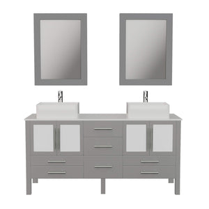 Cambridge Plumbing 8119G 63" Double Bathroom Vanity in Gray with White Porcelain Top and Vessel Sinks, Matching Mirrors, Front View with Chrome Faucets