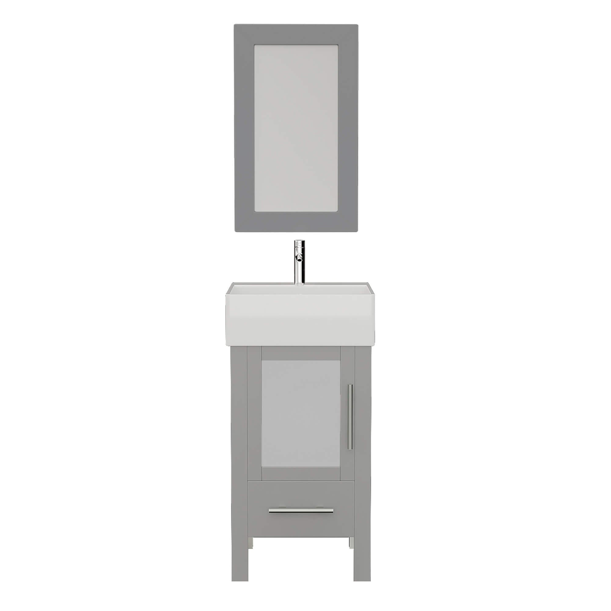 Cambridge Plumbing 8137G 18" Single Bathroom Vanity in Gray with White Porcelain Top and Vessel Sink, Matching Mirror, Front View with Chrome Faucet