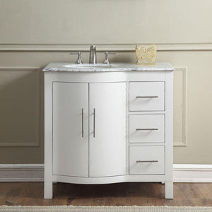 SILKROAD EXCLUSIVE V0290WW36L 36" Single Bathroom Vanity in White with Carrara White Marble, White Oval Sink, Front View
