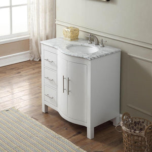 SILKROAD EXCLUSIVE V0290WW36R 36" Single Bathroom Vanity in White with Carrara White Marble, White Oval Sink, Angled View