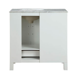 SILKROAD EXCLUSIVE V0290WW36R 36" Single Bathroom Vanity in White with Carrara White Marble, White Oval Sink, Back View