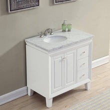 Load image into Gallery viewer, SILKROAD EXCLUSIVE V0320WW36L 36&quot; Single Bathroom Vanity in White with Carrara White Marble, White Oval Sink, Angled View