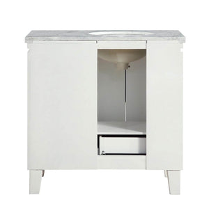 SILKROAD EXCLUSIVE V0320WW36L 36" Single Bathroom Vanity in White with Carrara White Marble, White Oval Sink, Back View