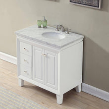 Load image into Gallery viewer, SILKROAD EXCLUSIVE V0320WW36R 36&quot; Single Bathroom Vanity in White with Carrara White Marble, White Oval Sink, Angled View