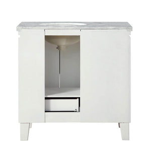 SILKROAD EXCLUSIVE V0320WW36R 36" Single Bathroom Vanity in White with Carrara White Marble, White Oval Sink, Back View