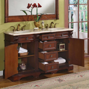 SILKROAD EXCLUSIVE WFH-0197-CM-UWC-58 58" Double Bathroom Vanity in Brazilian Rosewood with Crema Marfil Marble, White Oval Sinks, Open Doors and Drawers