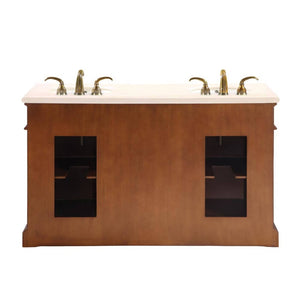 SILKROAD EXCLUSIVE WFH-0197-CM-UWC-58 58" Double Bathroom Vanity in Brazilian Rosewood with Crema Marfil Marble, White Oval Sinks, Back View