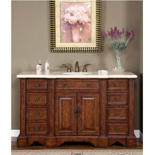 Load image into Gallery viewer, SILKROAD EXCLUSIVE WFH-0199-CM-UWC-58 58&quot; Double Bathroom Vanity in English Chestnut with Crema Marfil Marble, White Oval Sinks, Front ViewSILKROAD EXCLUSIVE WFH-0199-CM-UWC-58 58&quot; Double Bathroom Vanity in English Chestnut with Crema Marfil Marble, White Oval Sinks, Front View
