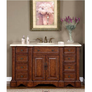 SILKROAD EXCLUSIVE WFH-0199-CM-UWC-58 58" Double Bathroom Vanity in English Chestnut with Crema Marfil Marble, White Oval Sinks, Front ViewSILKROAD EXCLUSIVE WFH-0199-CM-UWC-58 58" Double Bathroom Vanity in English Chestnut with Crema Marfil Marble, White Oval Sinks, Front View