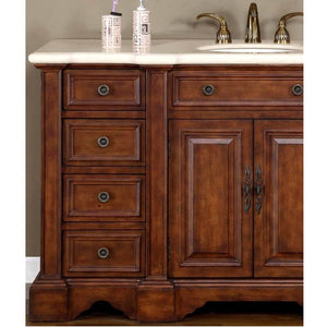 SILKROAD EXCLUSIVE WFH-0199-CM-UWC-58 58" Double Bathroom Vanity in English Chestnut with Crema Marfil Marble, White Oval Sinks, Doors and Drawers Closeup
