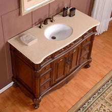 Load image into Gallery viewer, SILKROAD EXCLUSIVE ZY-0250-CM-UWC-48 48&quot; Single Bathroom Vanity in English Chestnut with Crema Marfil Marble, White Oval Sink, Top Angled View